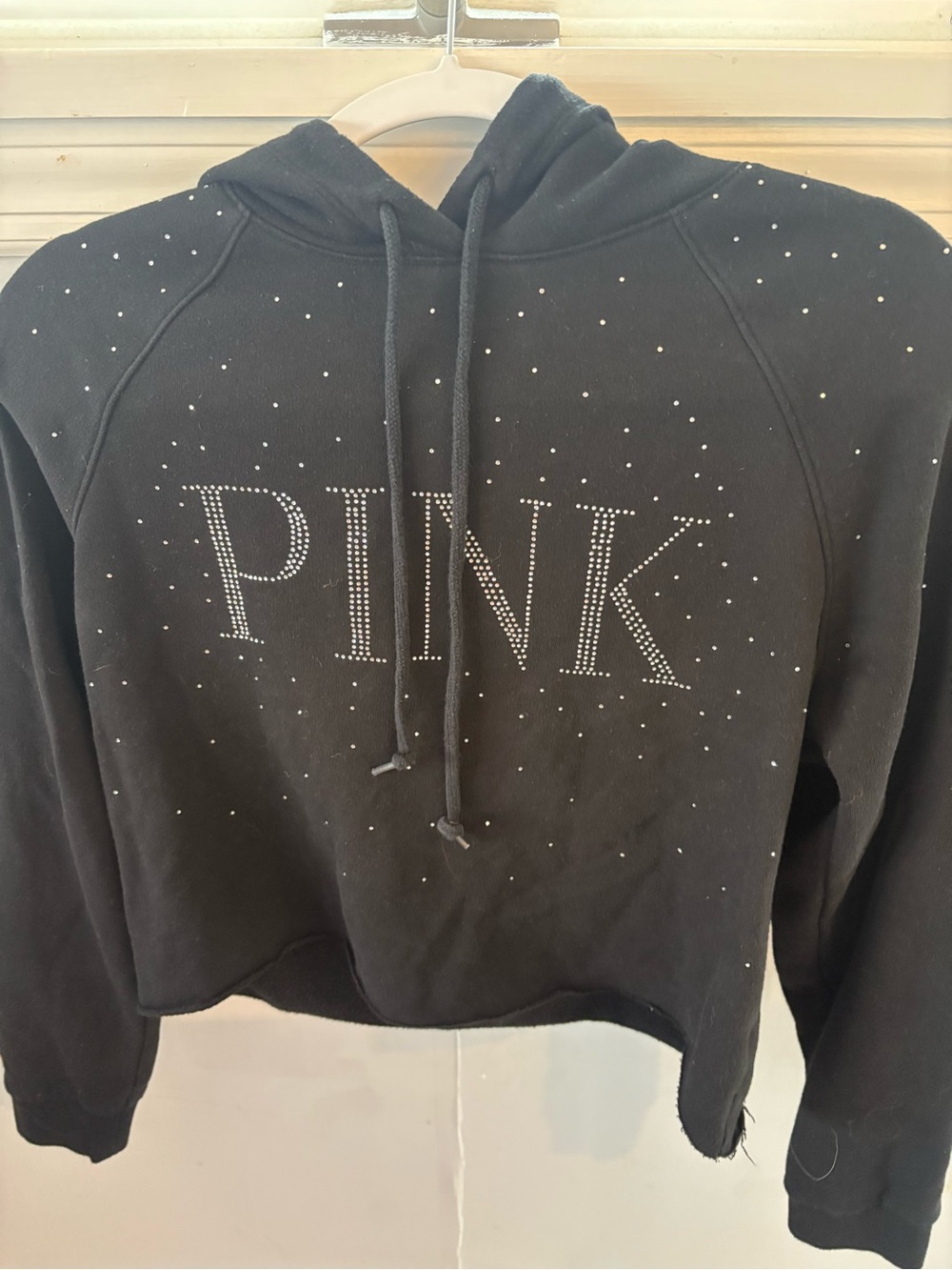 PINK Victoria's Secret Black Cropped Hoodie with Rhinestone Logo